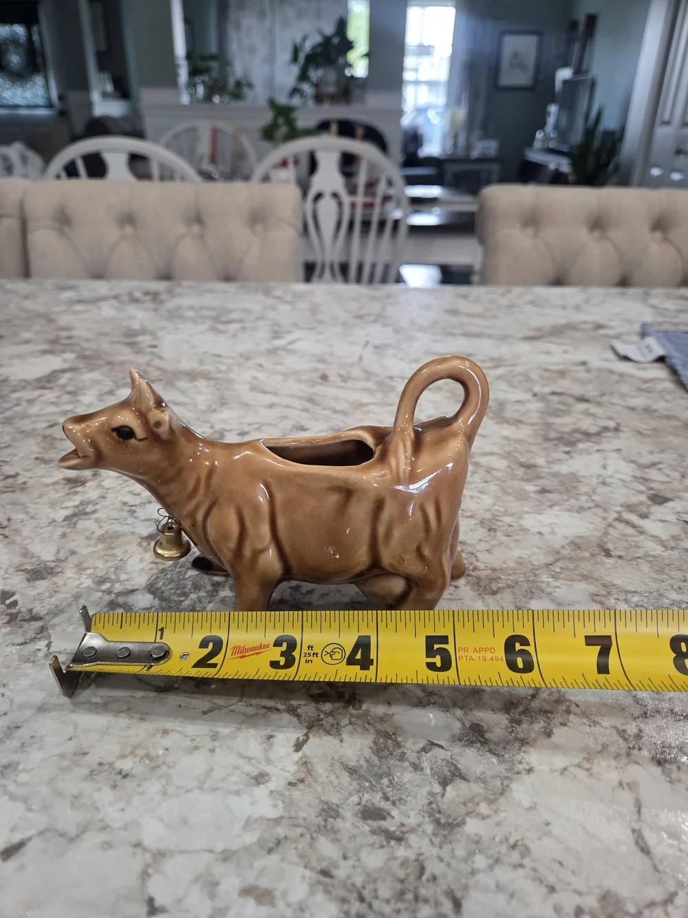 Vintage Original Ceramic Creamer Brown Cow with Metal Cowbell Figurine -So Cute